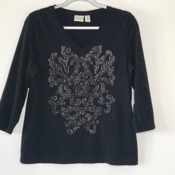 Chico's Zenergy Medium 1 Embroidered Beaded black Top V Neck - Picture 1 of 6